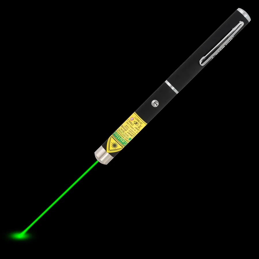 Green laser pen X1 with visible laser beam in the dark