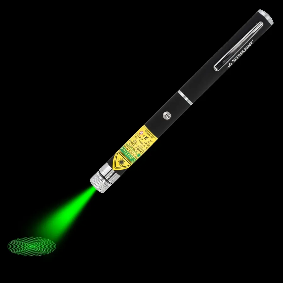 Green laser pen X2 with visible laser beam in the dark
