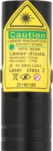 Compact green laser pointer G2 Pro – close-up of the warning label with the laser class