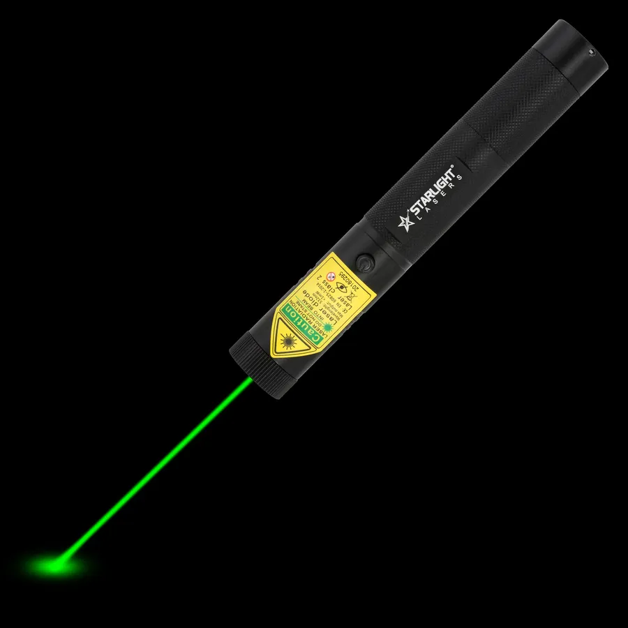Green laser pointer G3 Pro with visible laser beam in the dark