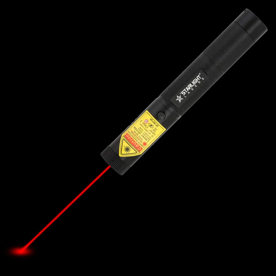 Red laser pointer R1 Pro with visible laser beam in the dark