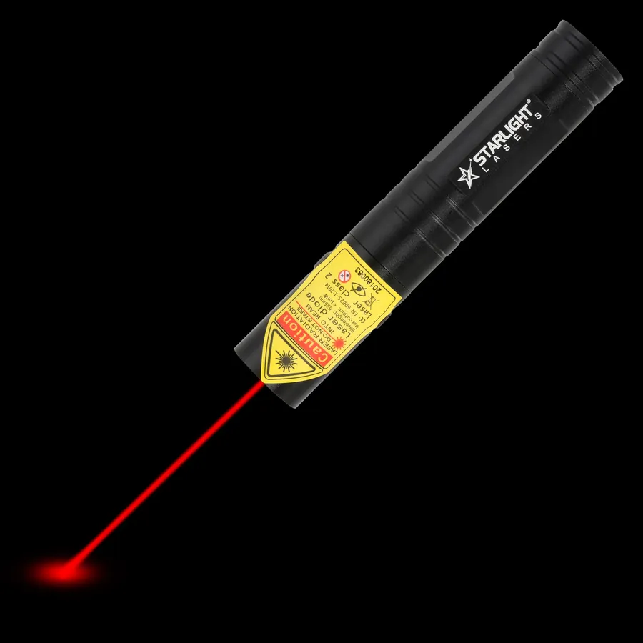 Compact red laser pointer R2 Pro with visible laser beam in the dark