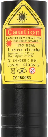 Compact red laser pointer R2 Pro – close-up of the warning label with the laser class