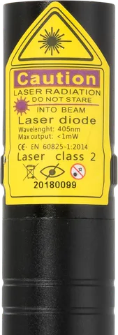 Compact violet laser pointer V2 Pro – close-up of the warning label with the laser class